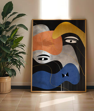 Abstract geometric art with bold colors and gold accents