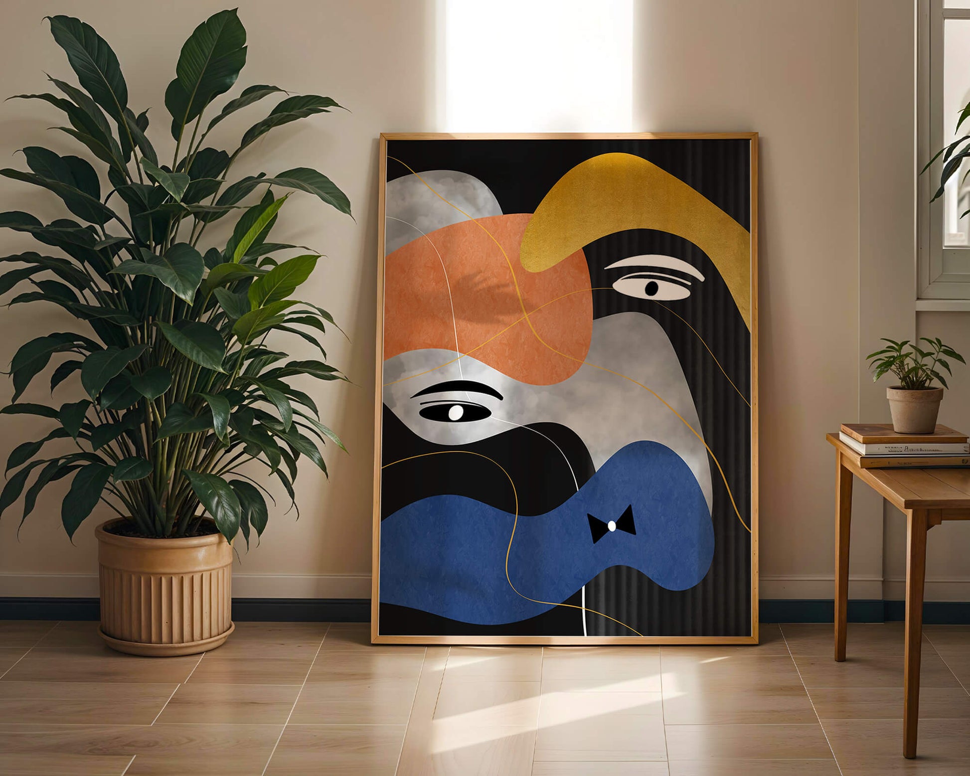 Abstract geometric art with bold colors and gold accents