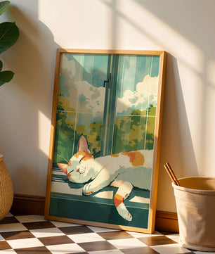 Peaceful Cat Napping by the Window with Sunlit Garden View - Mi tienda