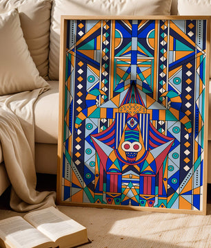 Arte tribal abstracto geométrico con patrones simétricos en azul y naranja