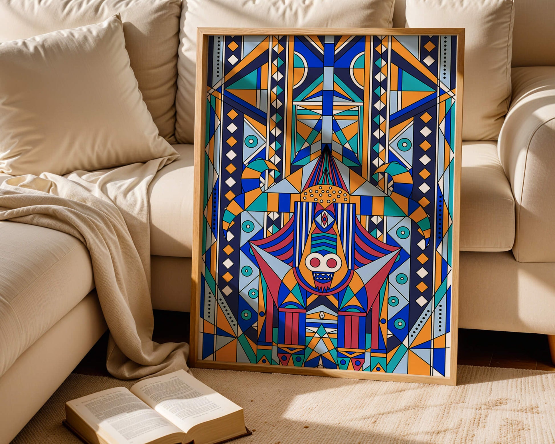Arte tribal abstracto geométrico con patrones simétricos en azul y naranja