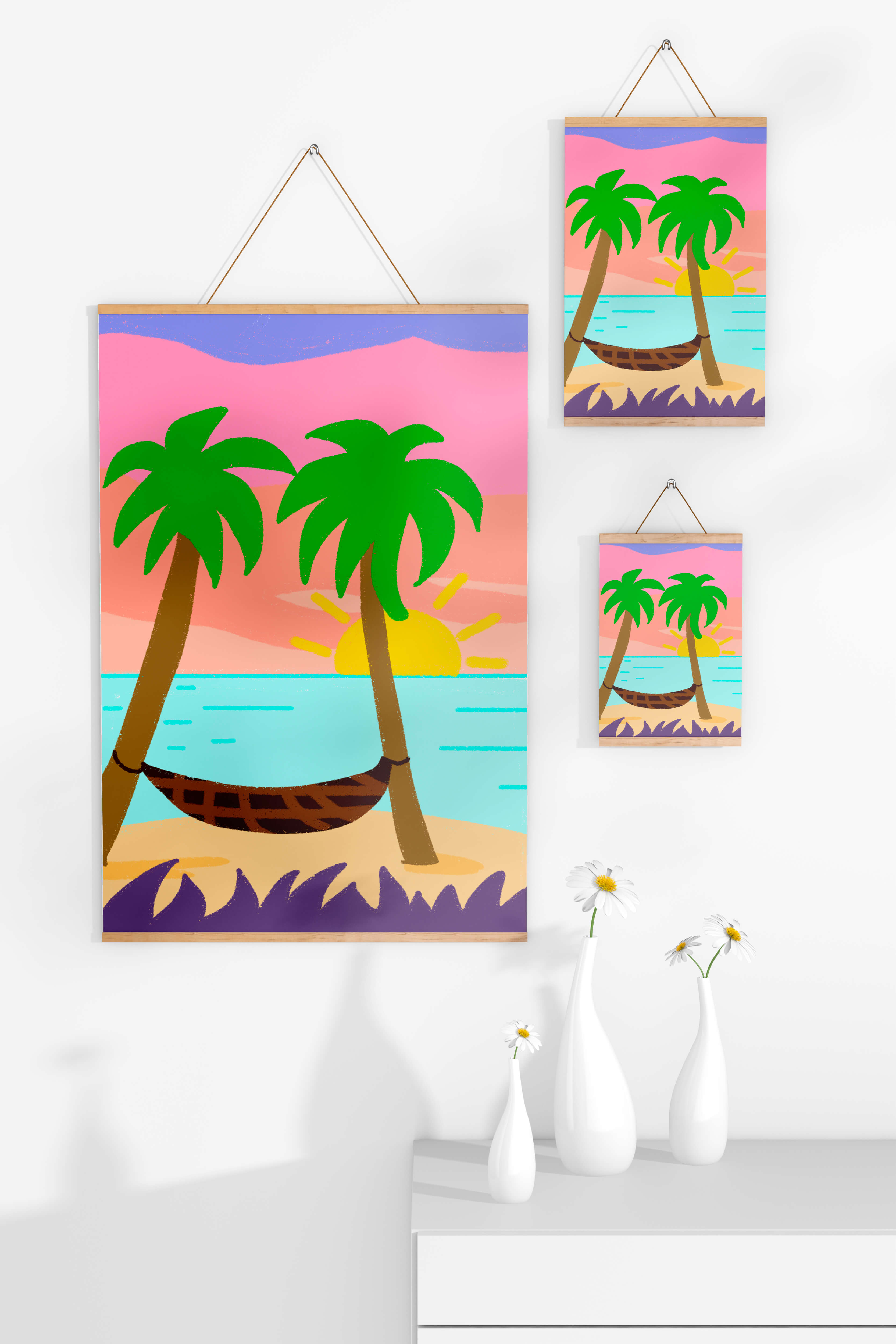 Tranquil beach scene with hammock and sunset