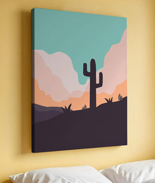 Abstract desert landscape with cactus silhouette at sunset