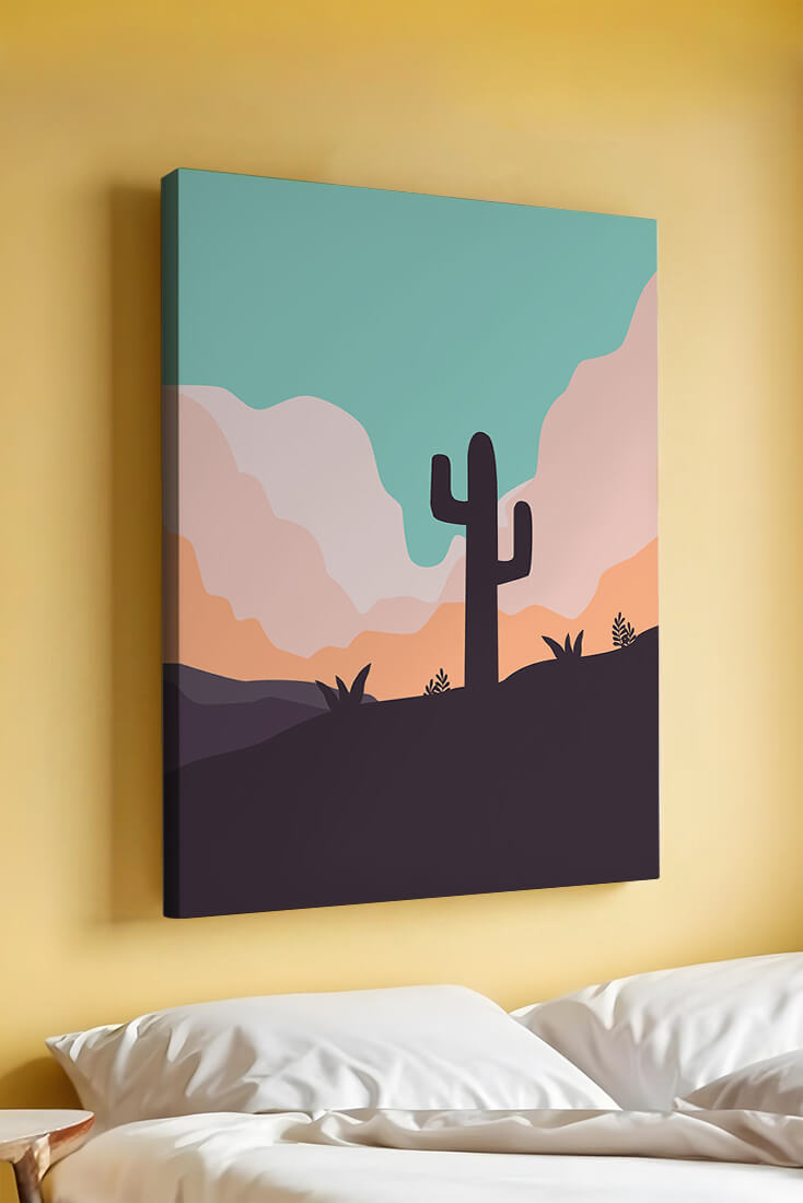Abstract desert landscape with cactus silhouette at sunset
