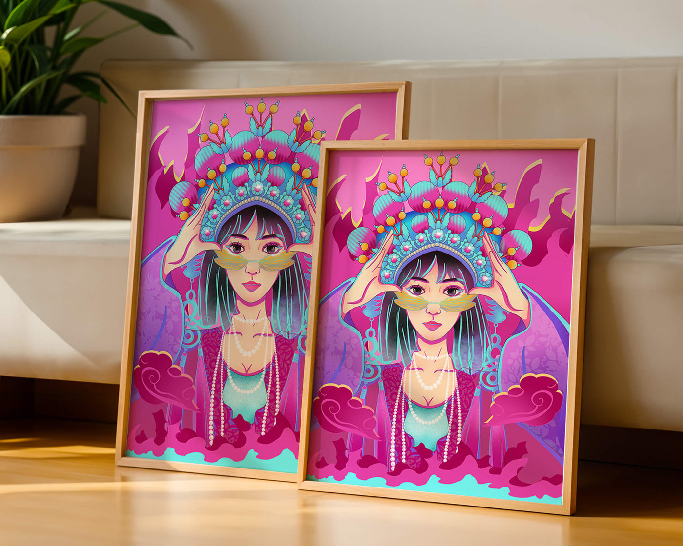 Colorful illustration of a woman in traditional costume with ornate headpiece