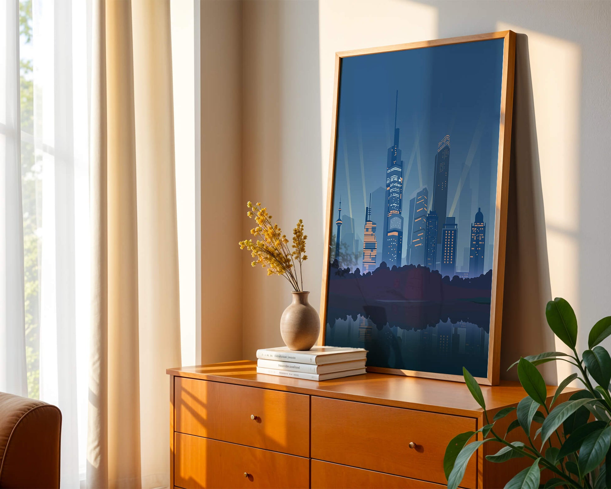Modern cityscape with illuminated skyscrapers reflecting on water