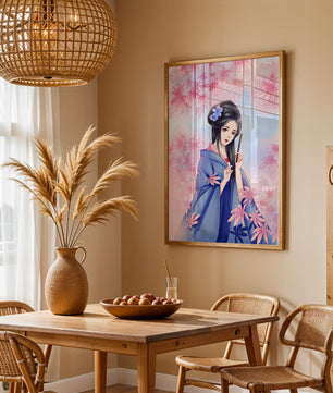 Ilustración elegante de una geisha con kimono azul y hojas rosadas