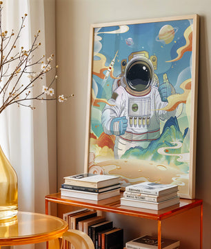 Colorful illustration of an astronaut in space with planets and rocket