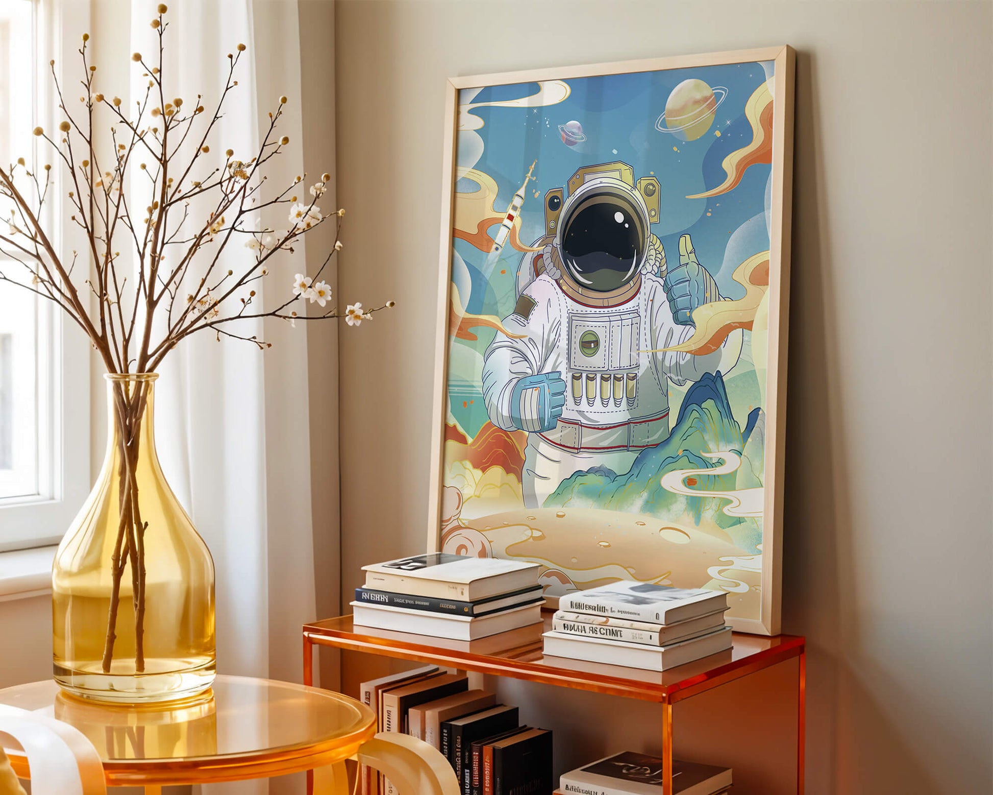 Colorful illustration of an astronaut in space with planets and rocket