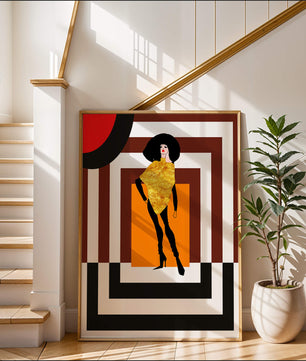 Ilustración de moda con figura en dorado y fondo geométrico
