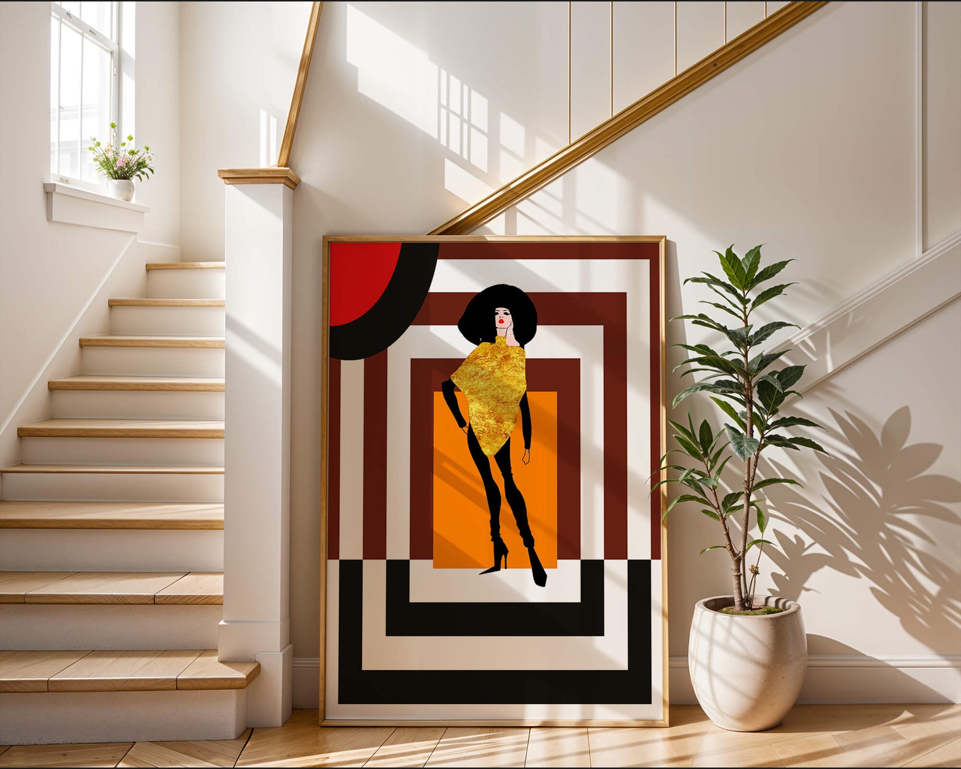 Fashion Illustration with Figure in Gold and Geometric Background