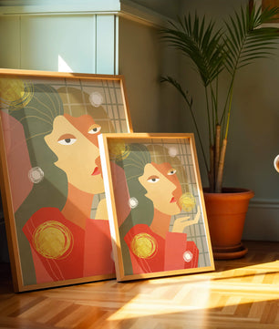 Abstract portrait artwork with geometric forms and gold accents