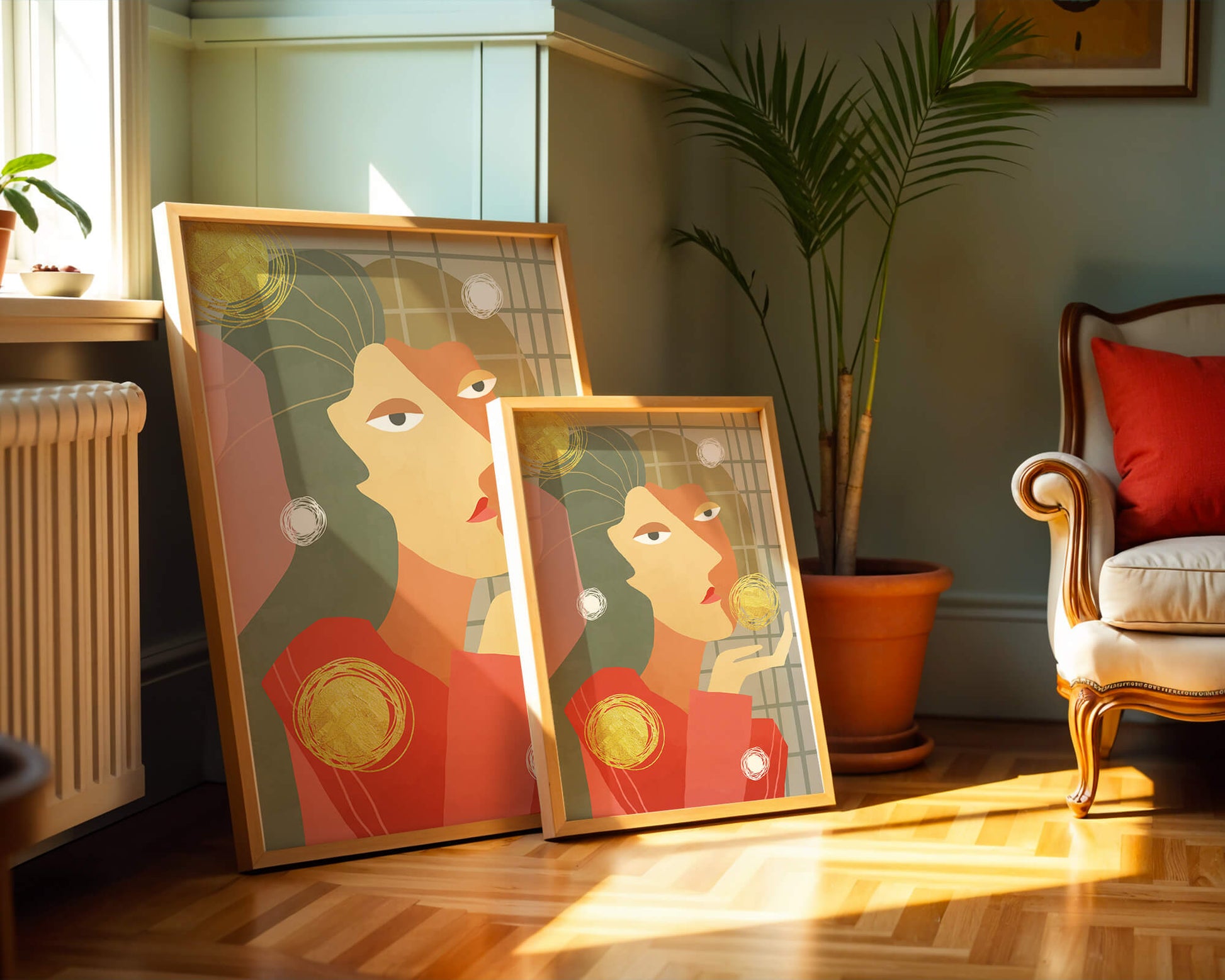 Abstract portrait artwork with geometric forms and gold accents