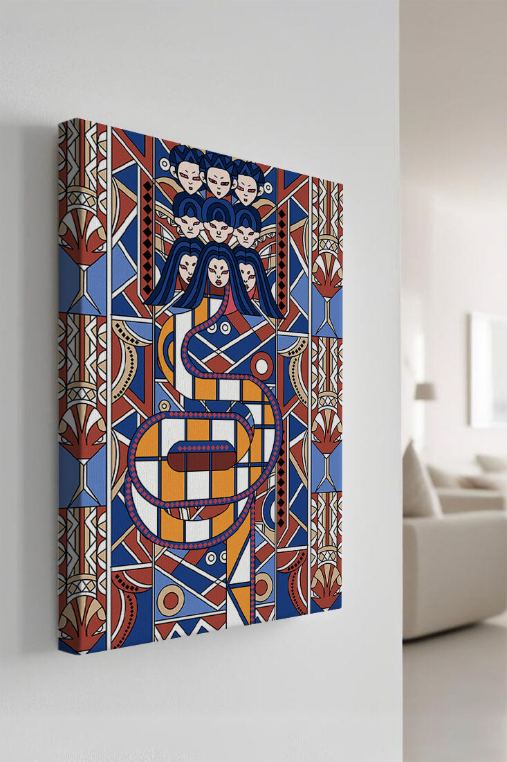 Patrón geométrico Art Decó con rostros y diseño simétrico