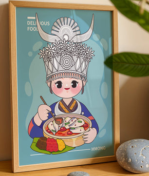 Charming illustration of a person in traditional attire enjoying a meal
