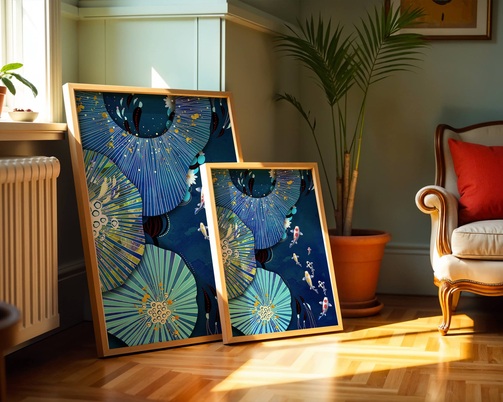 Vibrant underwater scene with koi fish and abstract floral design