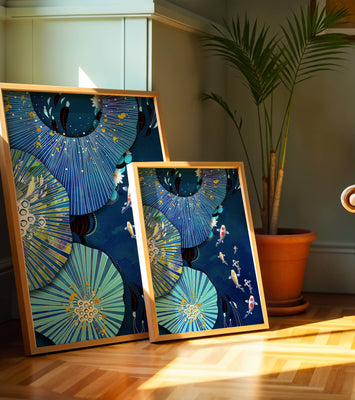 Vibrant underwater scene with koi fish and abstract floral design