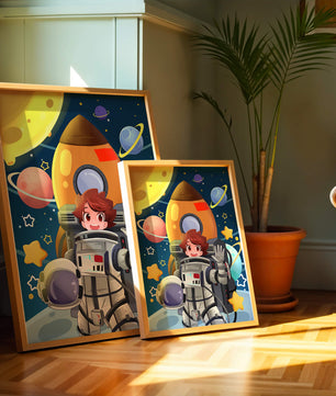 Young Astronaut with Rocket and Planets in Space Adventure