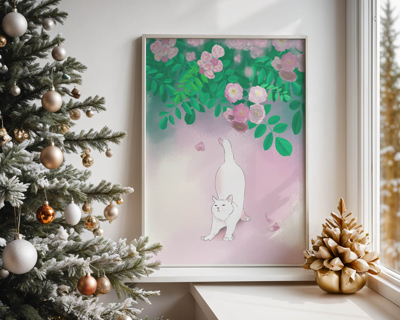 White cat stretching beneath blooming flowers in a pastel garden setting