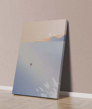 Serene Seaside with Dancer and Birds in Pastel Colors