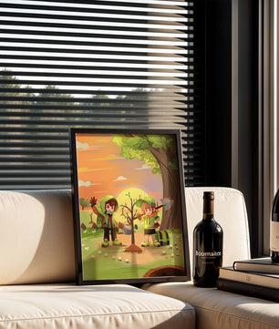 Kinder pflanzen einen Baum in einer lebendigen Sonnenuntergangslandschaft
