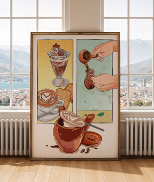 Ilustración artística de café y postre con detalles dorados