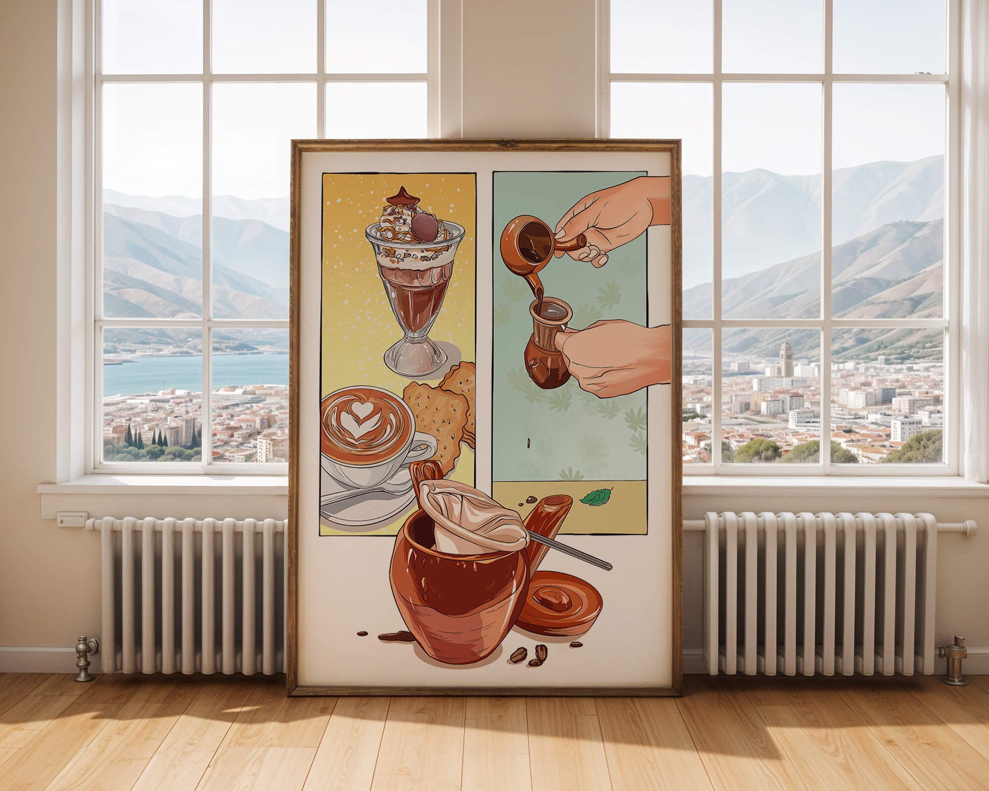 Ilustración artística de café y postre con detalles dorados