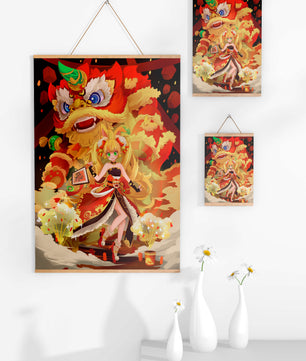 Colorful anime-inspired scene with a lion dance and festive character