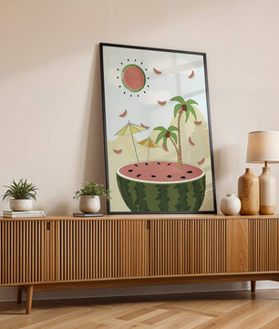 Summer Paradise with Watermelon Sun and Palms in Surreal Landscape