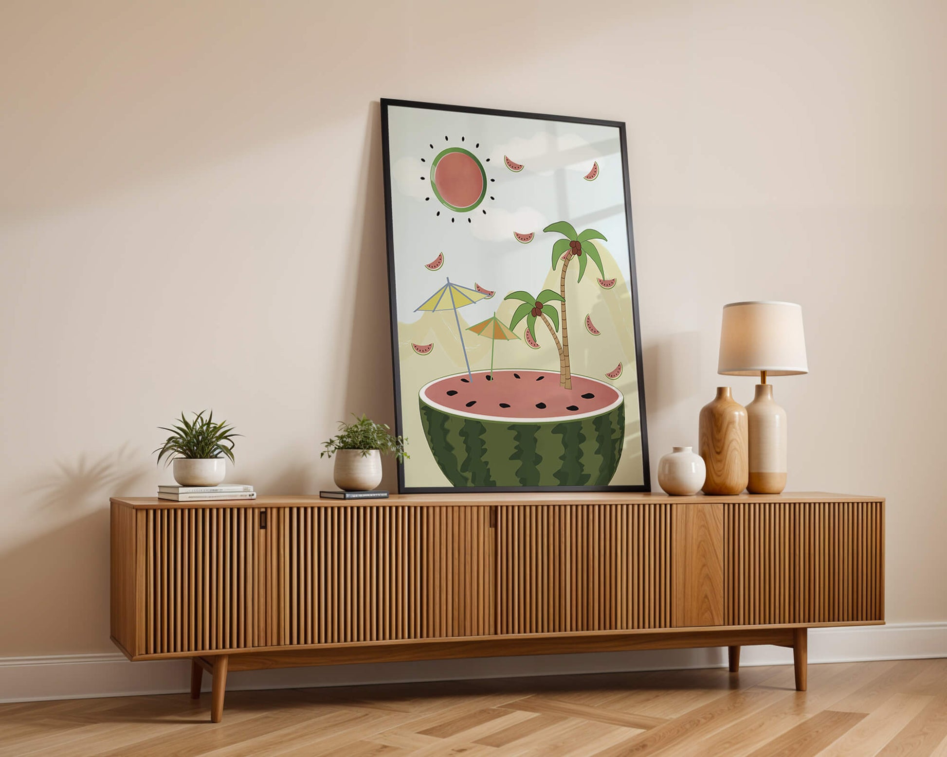 Summer Paradise with Watermelon Sun and Palms in Surreal Landscape