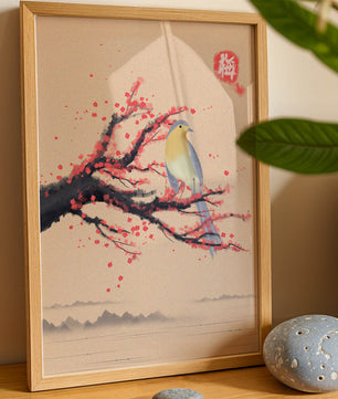 Oiseau serein sur une branche de cerisier dans le style artistique asiatique traditionnel