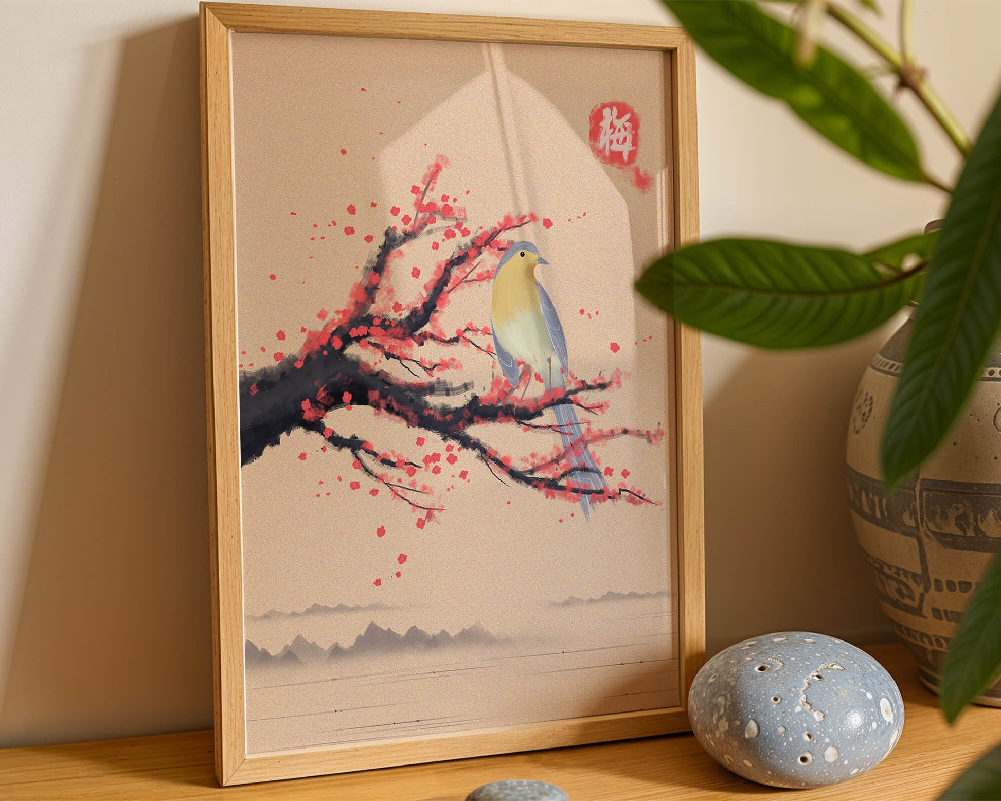Serene bird on cherry blossom branch in traditional Asian art style