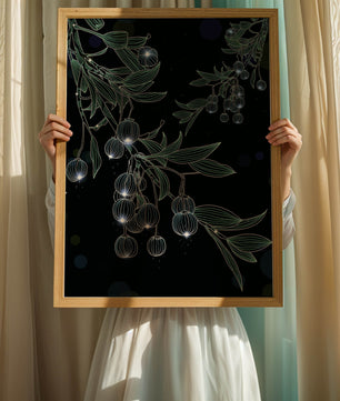 Elegante botanische Illustration mit leuchtenden Früchten und Blättern