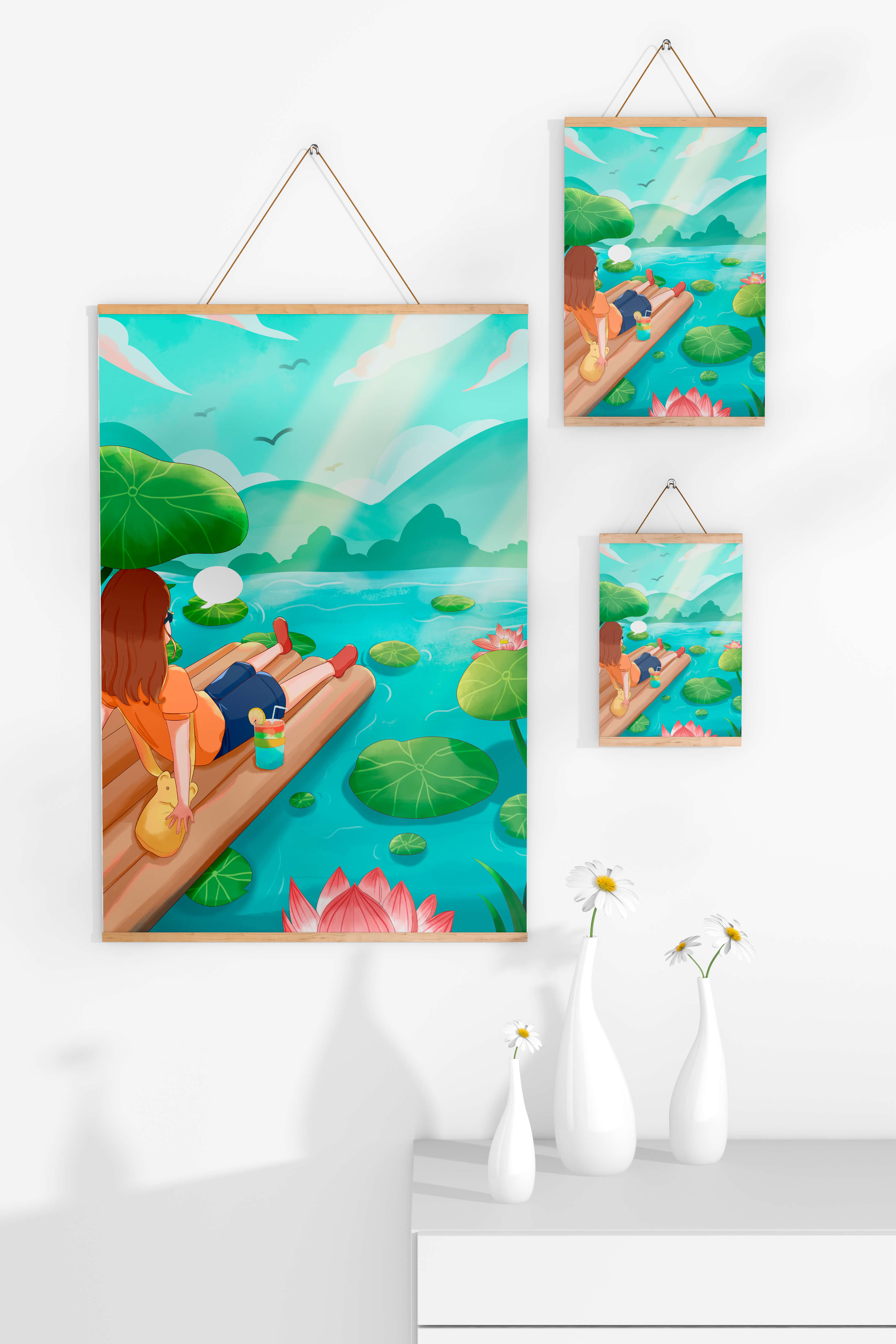 Peaceful lake scene with raft and relaxing atmosphere