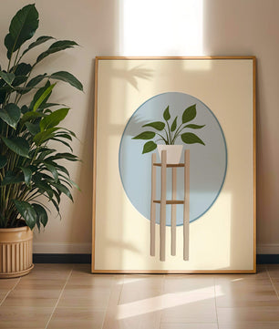Illustration botanique moderne d'une plante en pot sur un support en bois