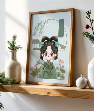Charming illustration of a cute character in traditional Asian attire with floral elements