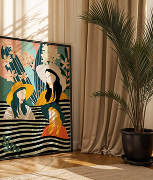 Illustration abstraite colorée de trois femmes avec des éléments floraux et botaniques