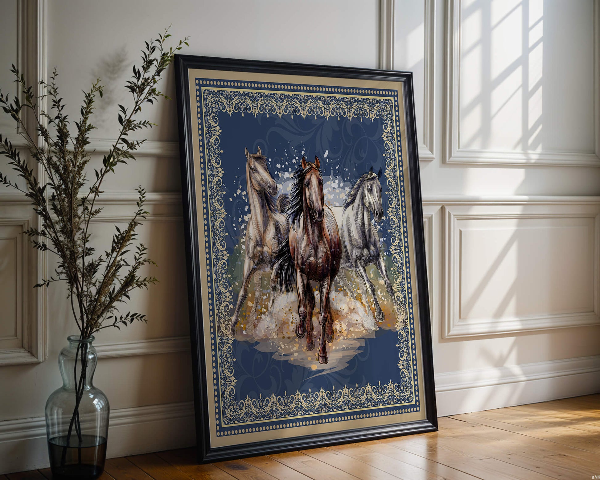 Running horses framed with elegant golden border on a blue background