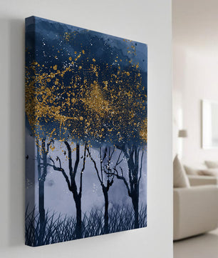 Mystical forest landscape with gold splatter art