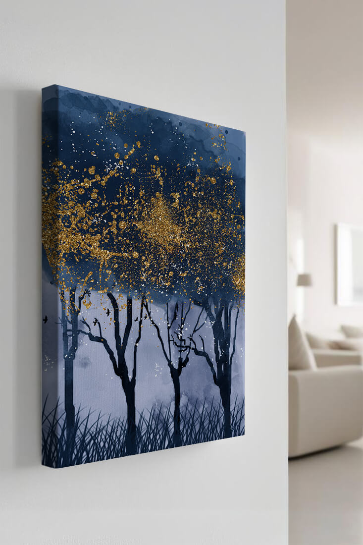 Mystical forest landscape with gold splatter art