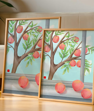 Peach tree outside a window with ripe peaches and sunny sky