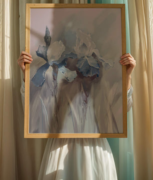 Delicate blue and white floral painting with soft brush strokes