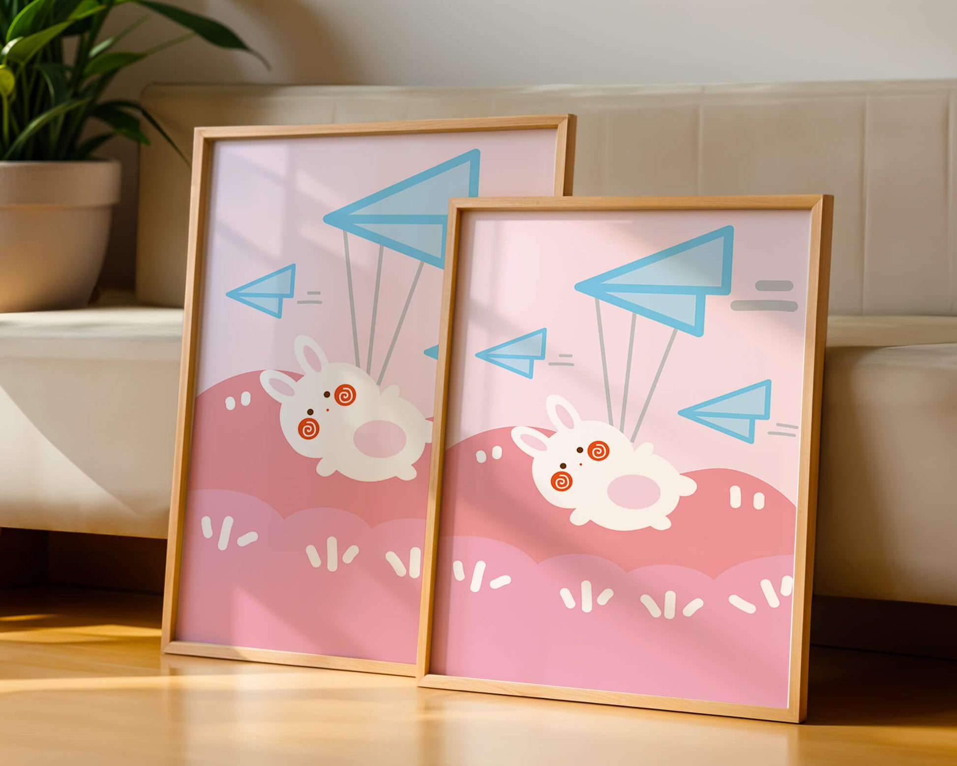 Adorable cartoon bunny flying with paper planes on a pink background