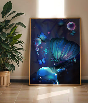 Illuminated Blue Butterflies with Glowing Bubbles in Enchanted Darkness