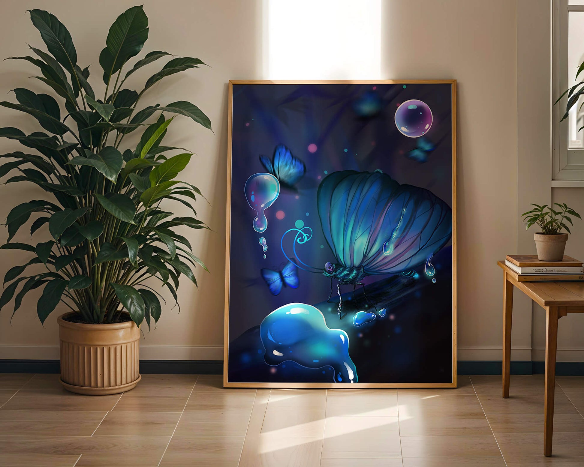 Illuminated Blue Butterflies with Glowing Bubbles in Enchanted Darkness