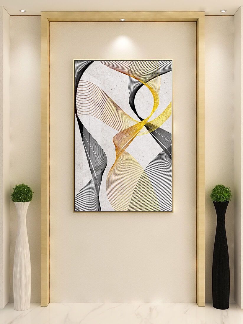 Elegant abstract waves with gold and black lines on textured background