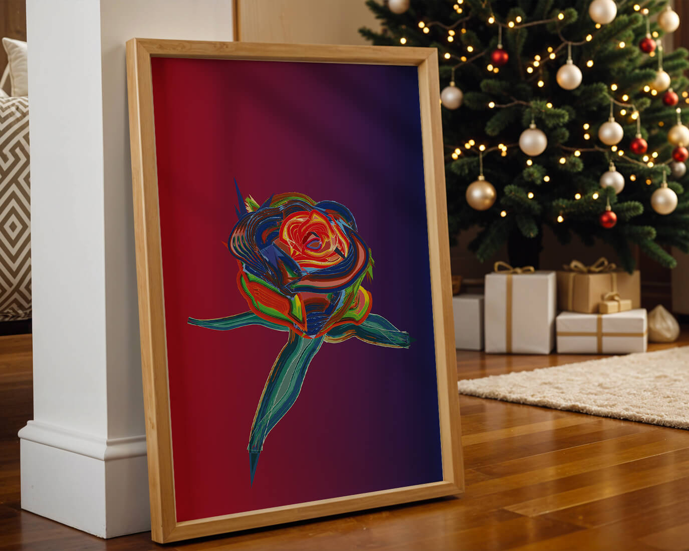 Rosa abstracta vibrante con colores dinámicos sobre fondo degradado