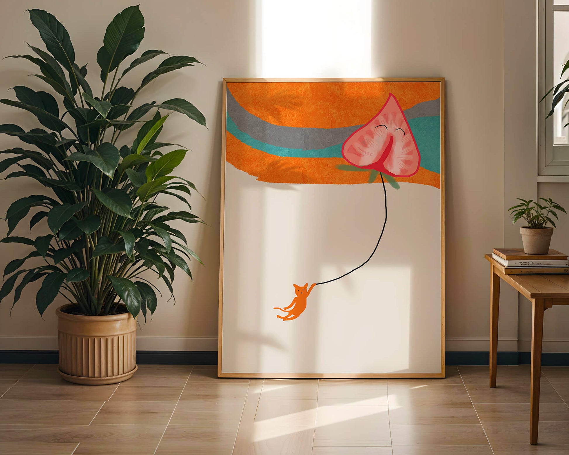 Gato naranja colgando de un globo en forma de corazón sobre un fondo abstracto