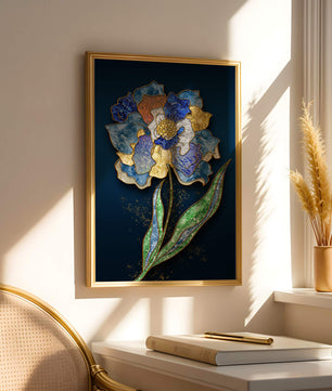 Diseño floral texturizado y colorido con contornos dorados sobre fondo oscuro