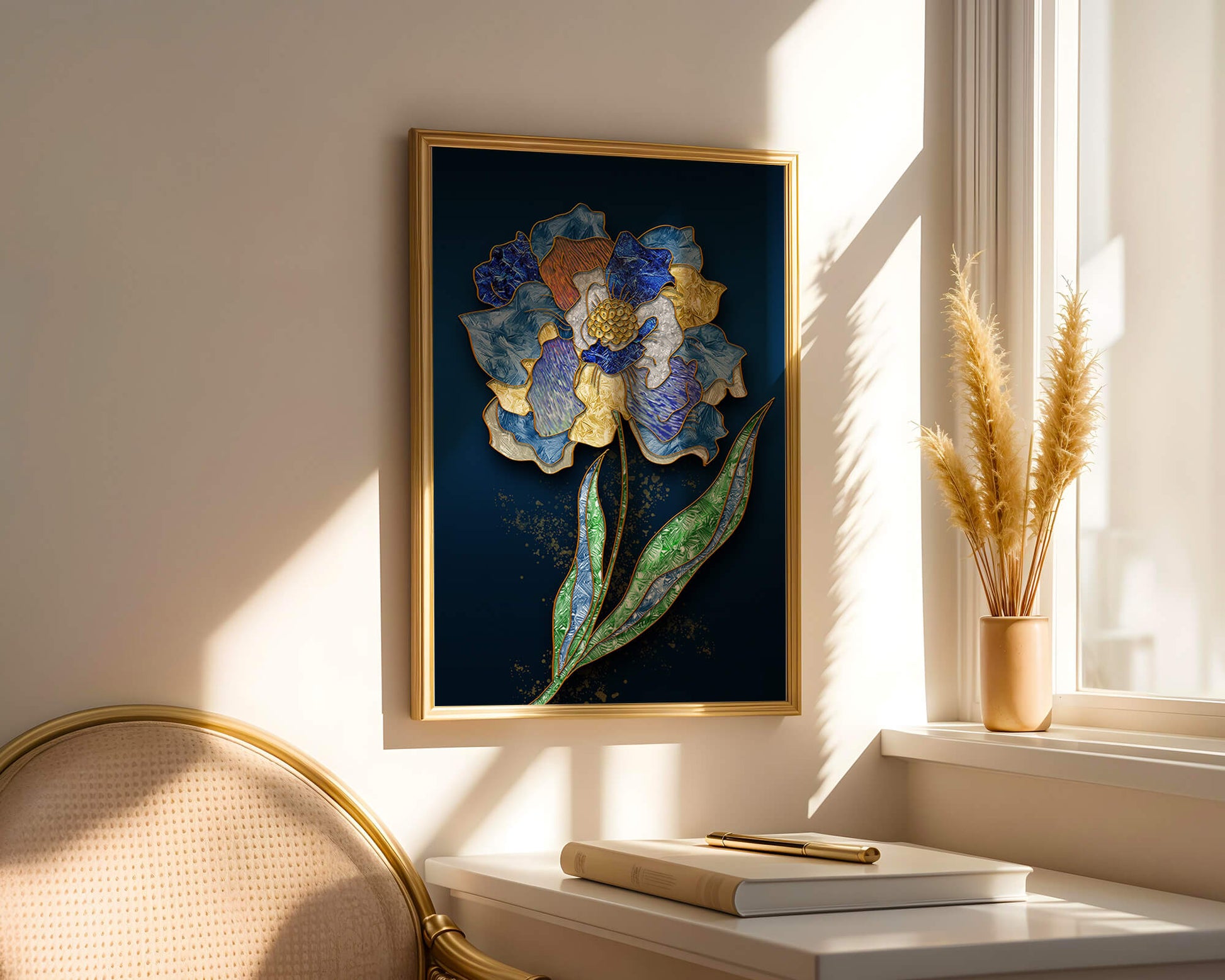 Diseño floral texturizado y colorido con contornos dorados sobre fondo oscuro